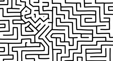 A stylized human figure trapped inside a complex black and white line art maze.