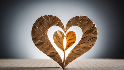 Heart shape crafted from dried leaves, showcasing intricate details and natural textures against a gradient background.