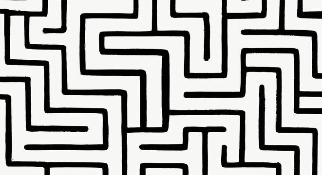 A black and white abstract maze pattern with sharp, angular lines creating a complex, repeating design.