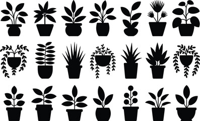 Houseplant Silhouette Vector Icon Set, Indoor Potted Plants, Succulents, and Greenery Collection