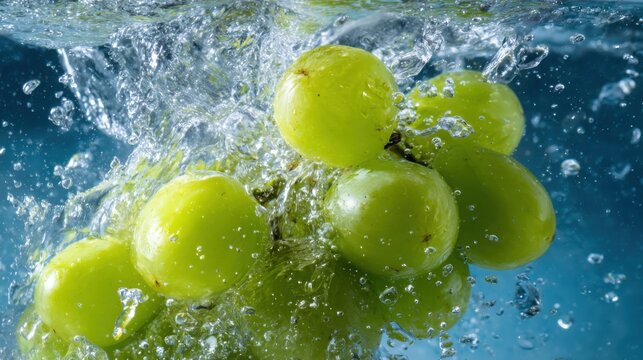green grapes splashing into crystal blue water, high speed macro shot, transparent droplets, juicy texture, bright reflections, frozen motion, fresh