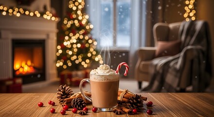 Festive beverage with decorations and christmas tree