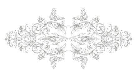 Elegant floral ornament with butterflies, symmetrical design, intricate details, and delicate lines.