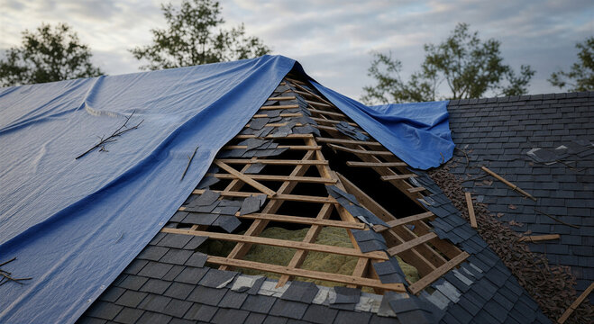 Worried homeowner faces financial crisis before christmas blue tarp used as shield against further roof damage