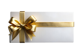 Blank gift card or invitation envelope with a golden satin ribbon bow. Isolated on transparent background, png
