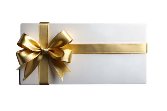Blank gift card or invitation envelope with a golden satin ribbon bow. Isolated on transparent background, png
 - Powered by Adobe