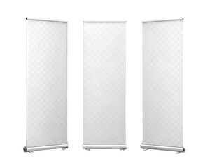 Set of three blank white roll up banner stand mockups from different angles. Isolated on transparent background, png
