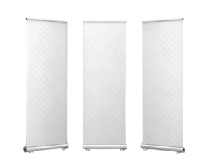 Set of three blank white roll up banner stand mockups from different angles. Isolated on transparent background, png
