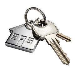 Keys on ring with house-shaped charm, shiny and metallic on black background