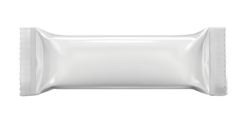 White blank flow pack wrapper mockup for a chocolate bar, candy, or snack food. Isolated on transparent background, png
