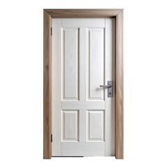 Classic white interior door with wood frame, handle, and panels, isolated on black background