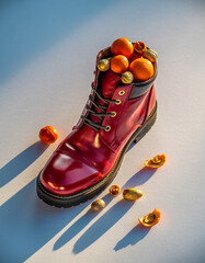 Red boot filled with oranges and other fruits on a white surface.