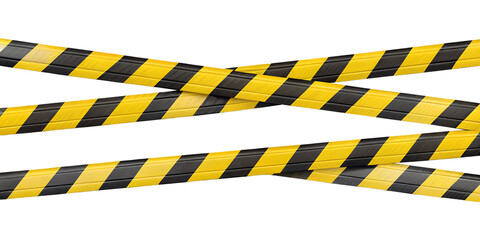 Two strips of wrinkled yellow and black striped caution tape for restricted areas. Isolated on transparent background, png
