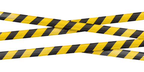 Two strips of wrinkled yellow and black striped caution tape for restricted areas. Isolated on transparent background, png