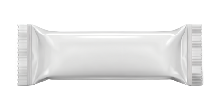 White blank flow pack wrapper mockup for a chocolate bar, candy, or snack food. Isolated on transparent background, png
