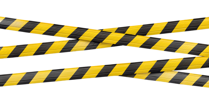 Two strips of wrinkled yellow and black striped caution tape for restricted areas. Isolated on transparent background, png
