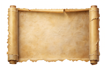 Vintage blank unrolled parchment scroll with tattered edges. Isolated on transparent background, png
