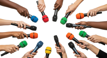 Diverse hands holding colorful microphones in a circle on a black background isolated on transparent background
