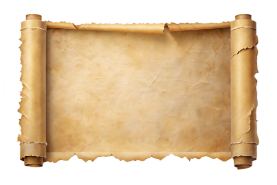 Vintage blank unrolled parchment scroll with tattered edges. Isolated on transparent background, png
