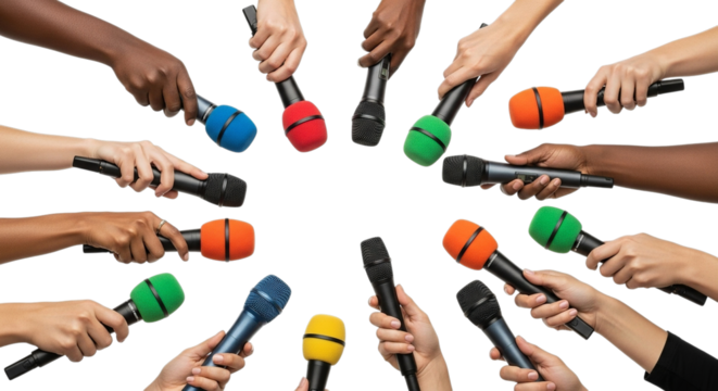 Diverse hands holding colorful microphones in a circle on a black background isolated on transparent background