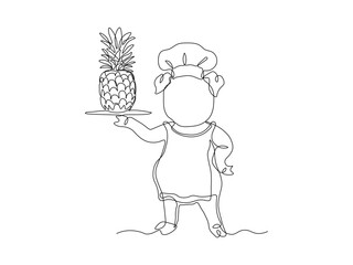 Abstract Chef pig stands with tray and pineapple, cook with platter. continuous single one line art hand drawing sketch, logo on white background