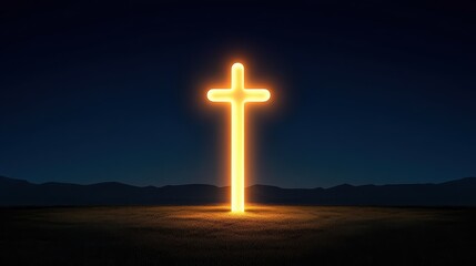 Illuminated Cross Against a Dark Night Sky Ground Level View Featuring a Radiant Symbol of Faith Spirituality and Hope