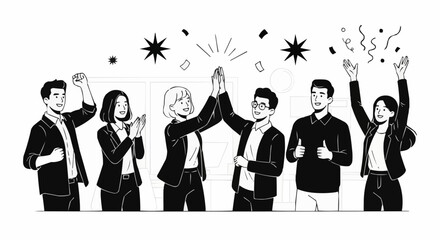 Group of business people celebrating success with high fives and confetti.
