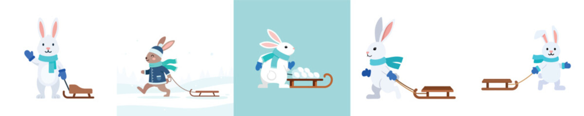 A collection of cute cartoon rabbit illustrations pulling a sled in the winter snow for a holiday concept