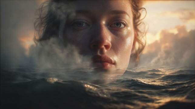 hyper realistic female portrait with ocean waves below, sunset lighting, sea mist connecting the and the water, emotional dreamlike realism