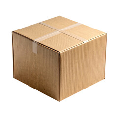 Simple brown cardboard box, taped shut, on black background