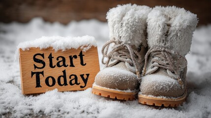Healthy Habits and Movement Goals, snowy winter flatlay with motivational start today sign and fur boots, expressing daily decision-making, grit, bold winter wellness steps forward