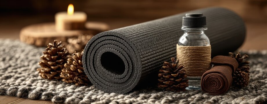 Healthy Habits and Movement Goals, soft-lit wellness corner with rolled yoga mat, essential oil and towel, expressing mindful routine, ritual consistency, and grounding self-care practice