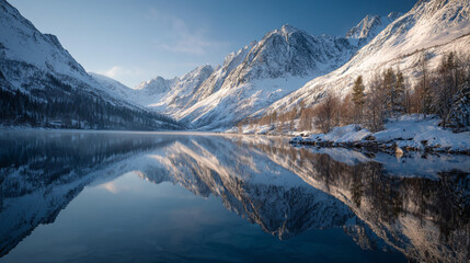Obraz premium A serene winter landscape with snow covered mountains reflected in a calm lake surface