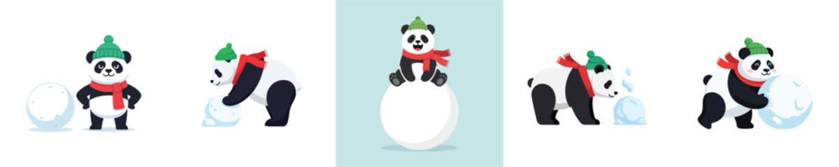 Cute Panda Characters in Snowman Building and Festive Scenarios