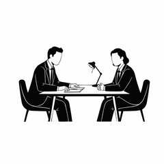 Two business professionals in a formal meeting illustration.