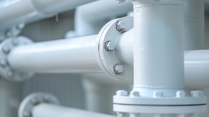 Close-up of white industrial pipes with metal fittings. The scene highlights the structure and design of plumbing or manufacturing systems.