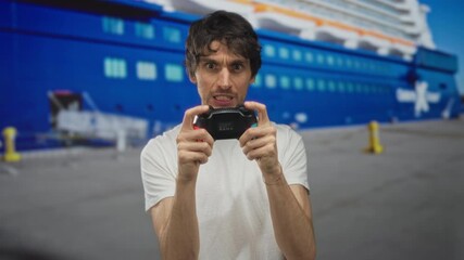 Man in white shirt grips game controller with grimace at building entrance by cruise ship; frustration. - Powered by Adobe