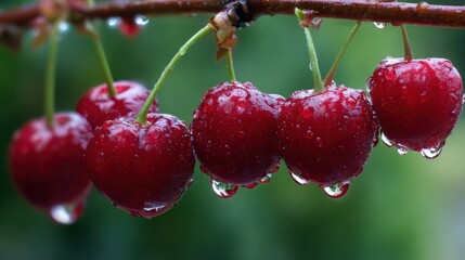 juicy cherries on a branch, water droplets reflecting light, vibrant red, natural sunlight, close up of organic growth, freshness emphasized