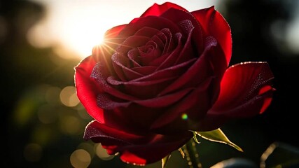 Close Up Of A Red Rose With Water Droplets In Golden Hour Sunlight - Powered by Adobe