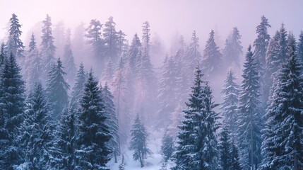 A winter wonderland scene featuring snow covered evergreen trees shrouded in a misty atmosphere