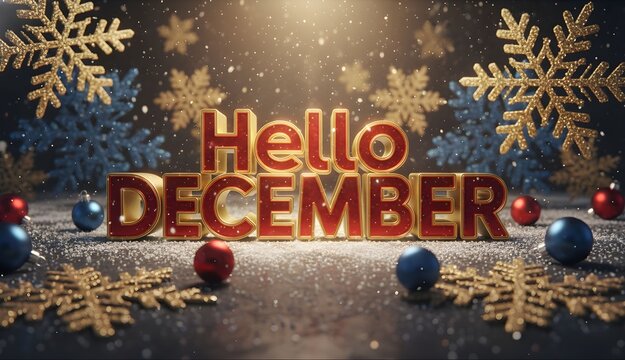 Hello December Festive Greeting with Glittering Snowflakes and Christmas Ornaments