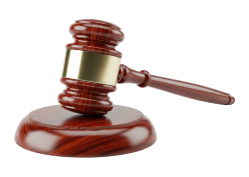 Wooden gavel with brass band transparent background cutout png