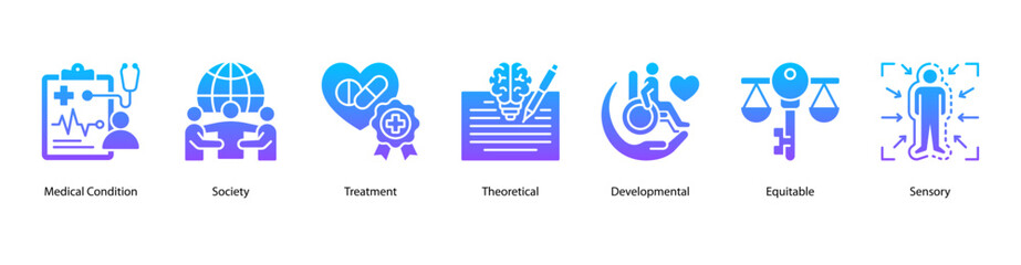 Health and Disability Awareness web banner illustration featuring Medical Condition,Society, Treatment, Theoretical, Developmental, Equitable, and Sensory. Promotes inclusive healthcare understanding.