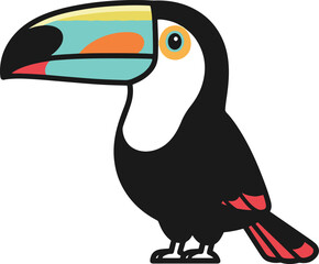 A stylized, simple vector illustration of a toucan standing, characterized by its predominantly black and white body and striking, large beak colored in shades of blue, orange, and yellow.