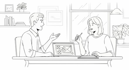 Two colleagues discussing a project at a desk with a laptop and documents.