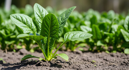 Photo one young organic green spinach vegetables in fertile soil with natural sunlight in agricultural land