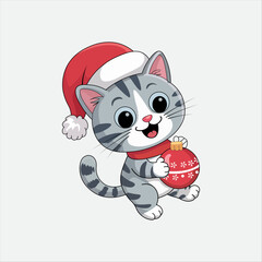Adorable cartoon cats wearing Santa hats and scarves, playing with Christmas ornaments and candy canes, transparent background vector, colorful, high-resolution, festive and cheerful illustration