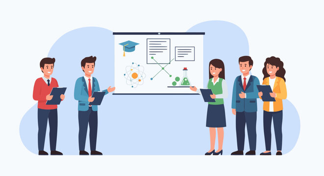 Dynamic team presenting science and education data, showcasing research and learning concepts with modern visual aids, driving innovation and progress