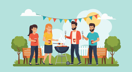 Vibrant outdoor barbecue scene with friends enjoying summer grilling and drinks in a park, perfect for lifestyle, togetherness, and festive social gatherings