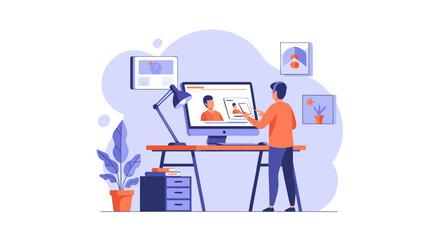 Modern graphic designer enhancing visual content on the computer, creating a compelling narrative for online presence, ideal for websites and promotions